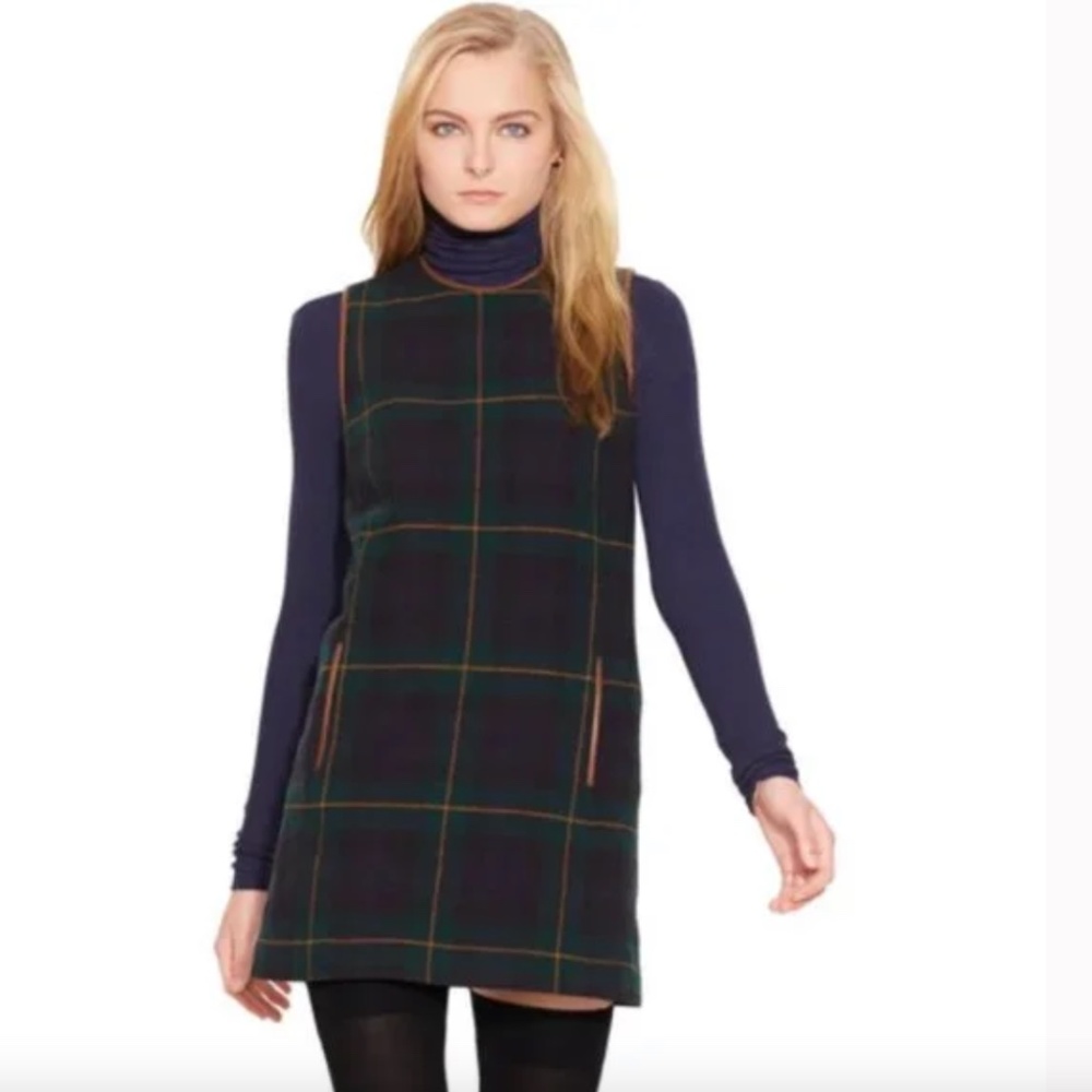 Ralph Lauren Women's Green Sleeveless Leather trim Plaid Shift Dress